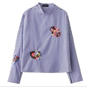 ZARA EMBROIDERED COTTON POPLIN STRIPED SHIRT SIZE SMALL